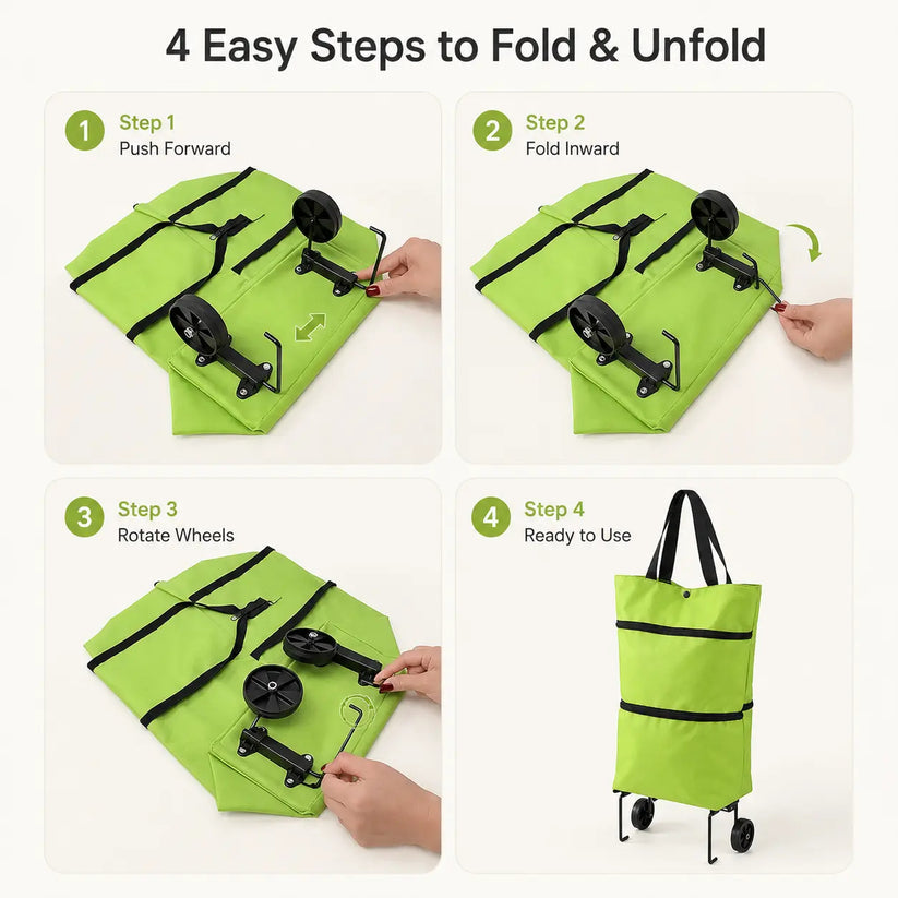 Foldable Shopping Trolley Bag with Wheels, Portable Reusable Grocery Tote, Lightweight Rolling Shopping Cart Bag with Carry Handles