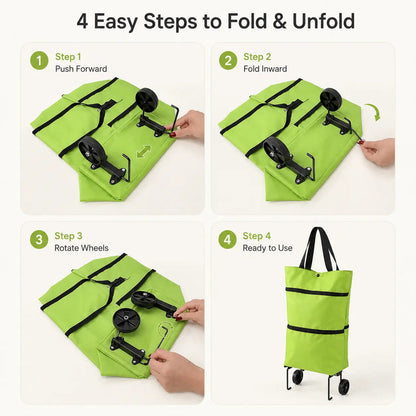 Foldable Shopping Trolley Bag with Wheels, Portable Reusable Grocery Tote, Lightweight Rolling Shopping Cart Bag with Carry Handles