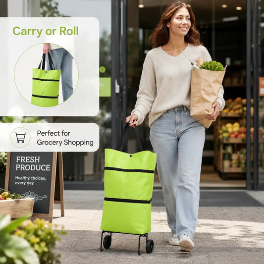 Foldable Shopping Trolley Bag with Wheels, Portable Reusable Grocery Tote, Lightweight Rolling Shopping Cart Bag with Carry Handles