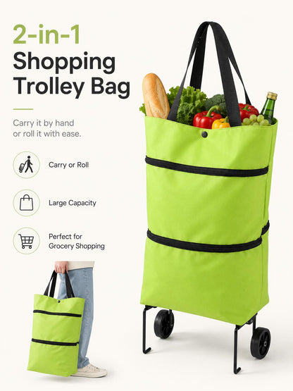 Foldable Shopping Trolley Bag with Wheels, Portable Reusable Grocery Tote, Lightweight Rolling Shopping Cart Bag with Carry Handles