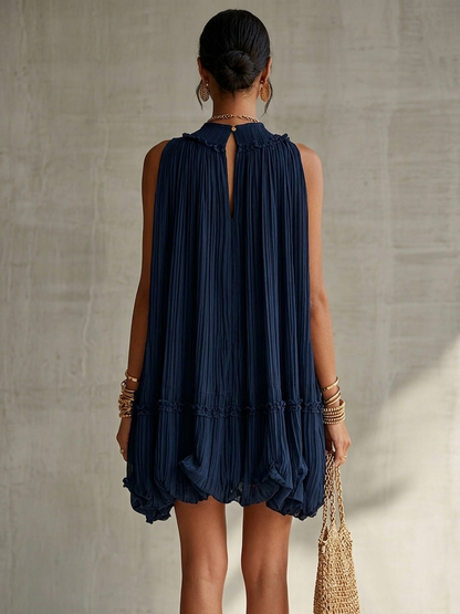 Navy Halter Neck Ruffled Chiffon Bubble Mini Dress